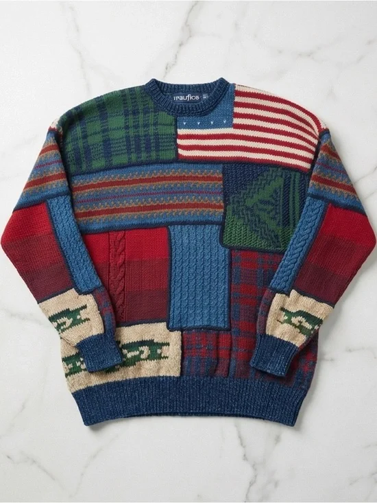 90’s Vintage Americana Nautica Multicolor Patchwork Crewneck Sweater - Picture 3 of 6